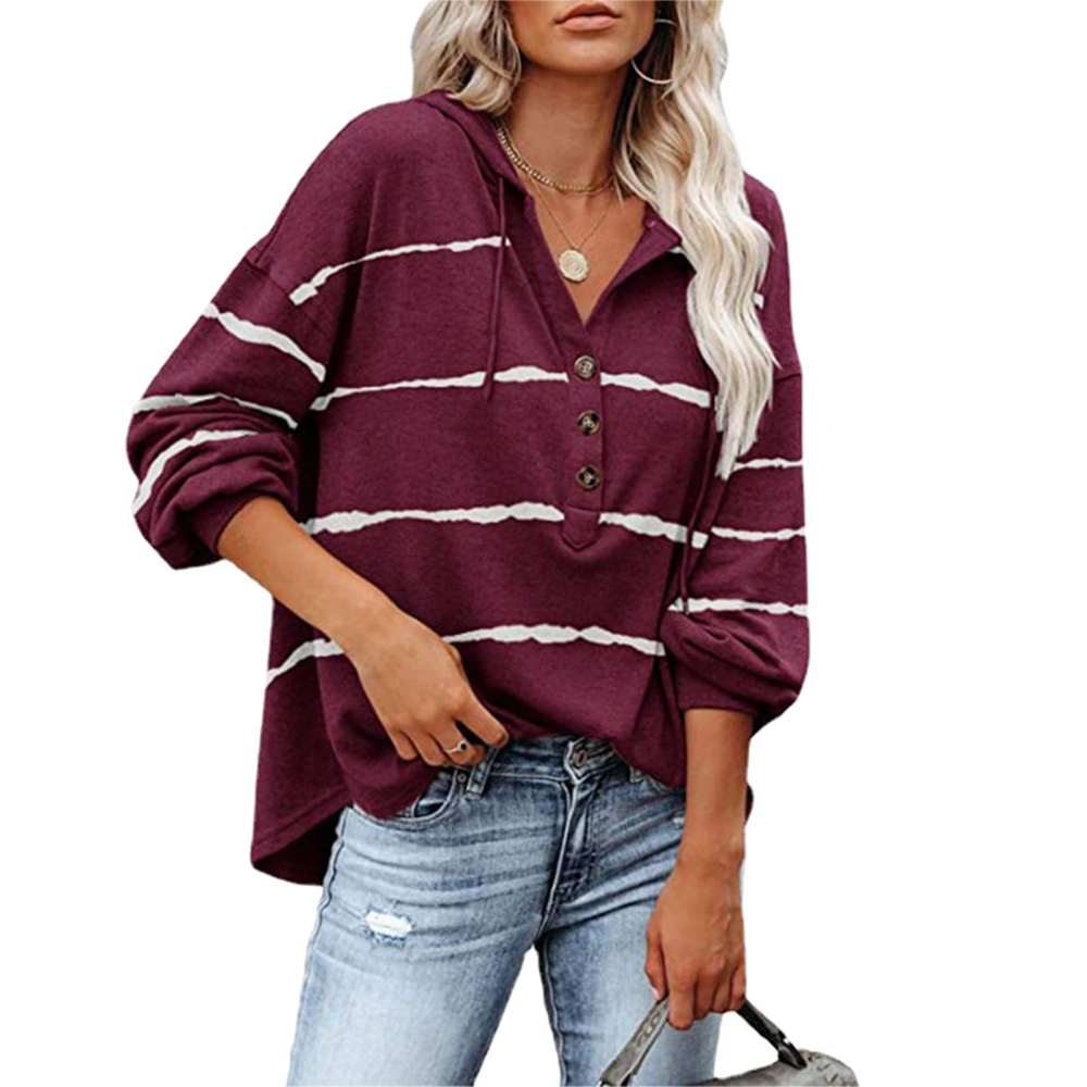 Blouse Long Sleeve V Neck Stripe Pattern Button Drawstring Hooded Casual Tops for Women Wine Red S