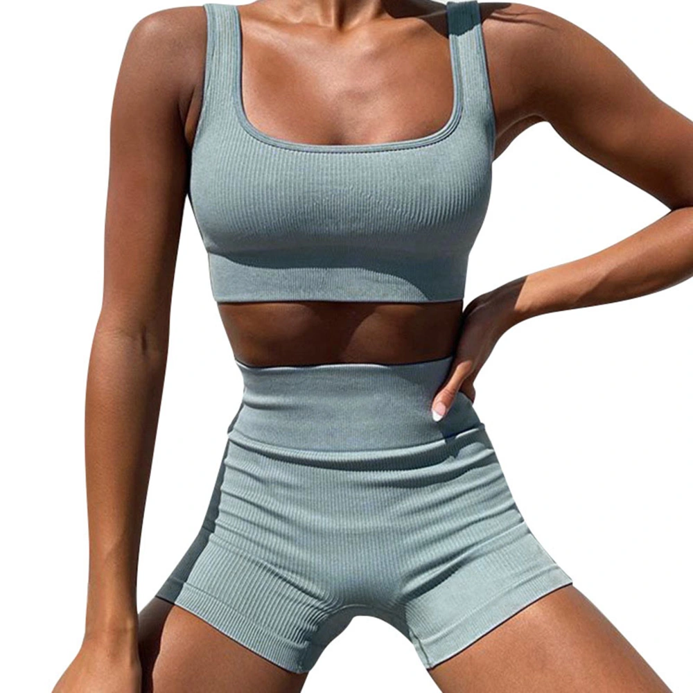 Tank High Waist Shorts Yoga Outfits U Shape Square Neck Vest Knitted Yoga Suit for Fitness Sports Blue Grey M