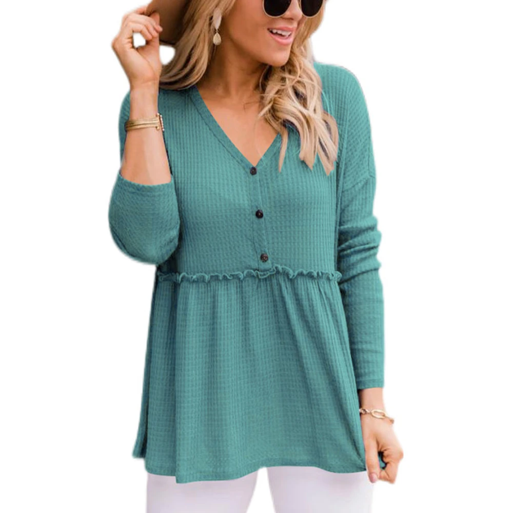 Women Blouse V Neck Top Long Sleeve Button Ruffled Loose Hem Polyester for Home Office Green M