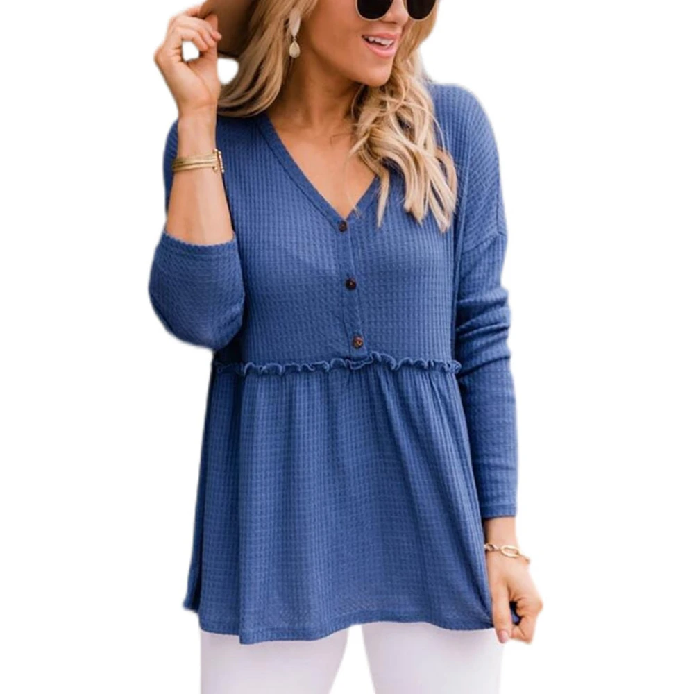 Women Blouse V Neck Top Long Sleeve Button Ruffled Loose Hem Polyester for Home Office Blue XL