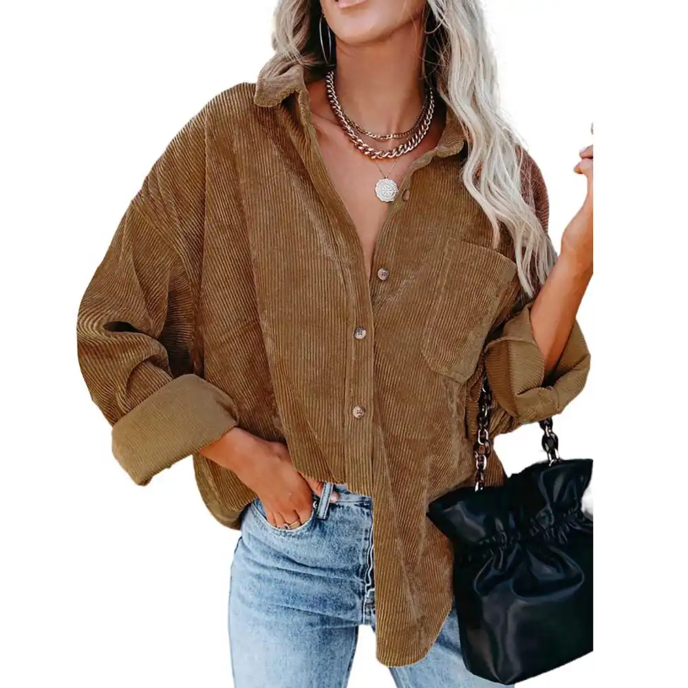 Blouse Long Sleeve Lapel Button Pure Color Pocket Casual Loose Tops for Women Work Dating (new)Light Tan XXL