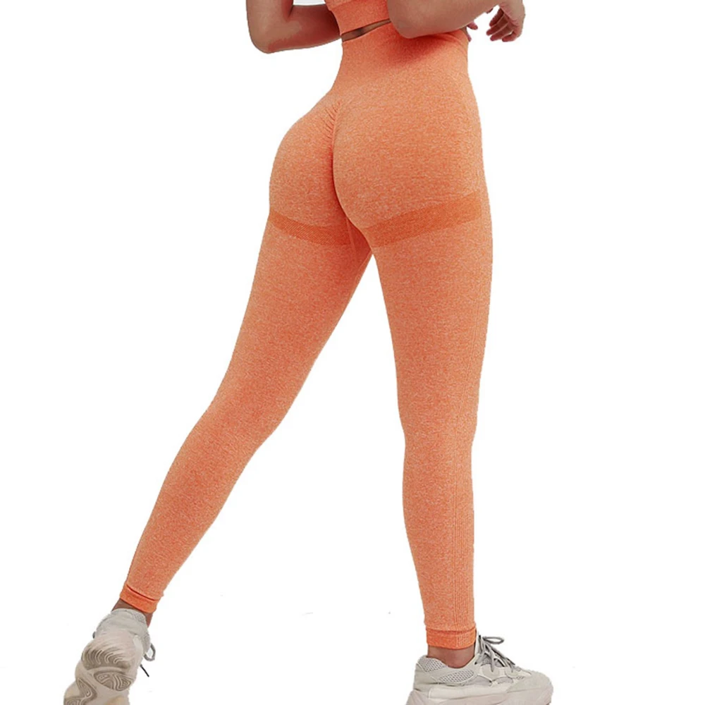 Women Butt Lift Leggings Workout Pure Color Seamless High Waist Slim Fit Ruched Yoga Pants Tights Orange M