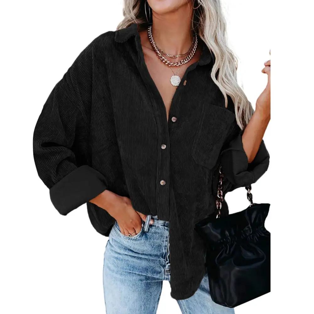 Blouse Long Sleeve Lapel Button Pure Color Pocket Casual Loose Tops for Women Work Dating Black XL