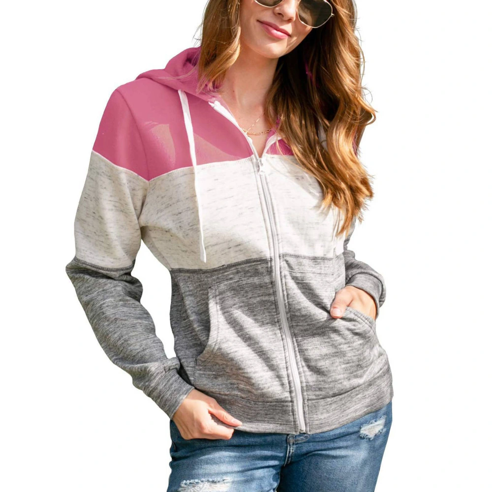 Hooded Cardigan Zipper Color Blocking Strap Casual Comfortable Outwear for Women Pink L