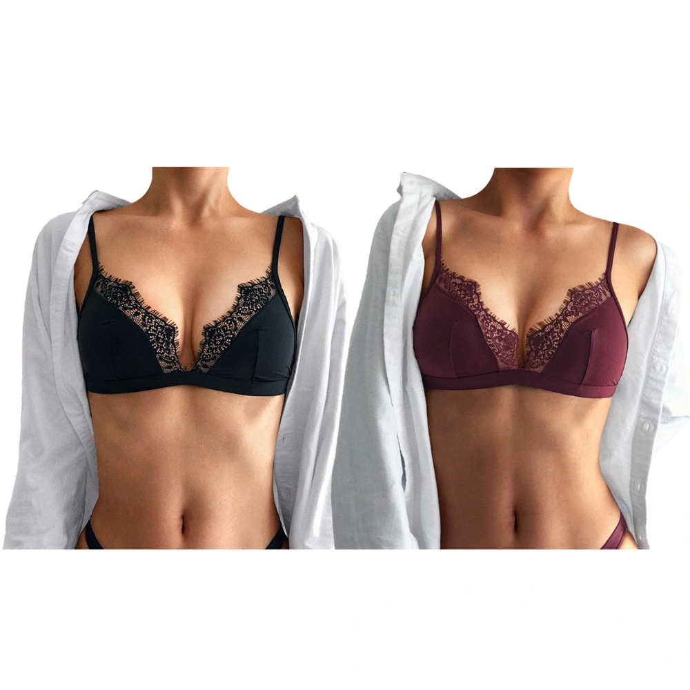 2pcs Women Bralette Adjustable Elegant Fashionable Breathable Lace Triangle Bra for Daily Life Black and Burgundy M