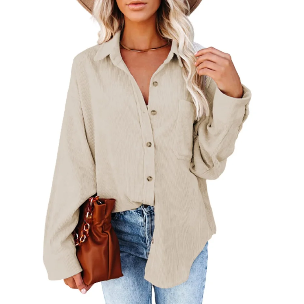 Blouse Long Sleeve Lapel Button Pure Color Pocket Casual Loose Tops for Women Work Dating Beige M