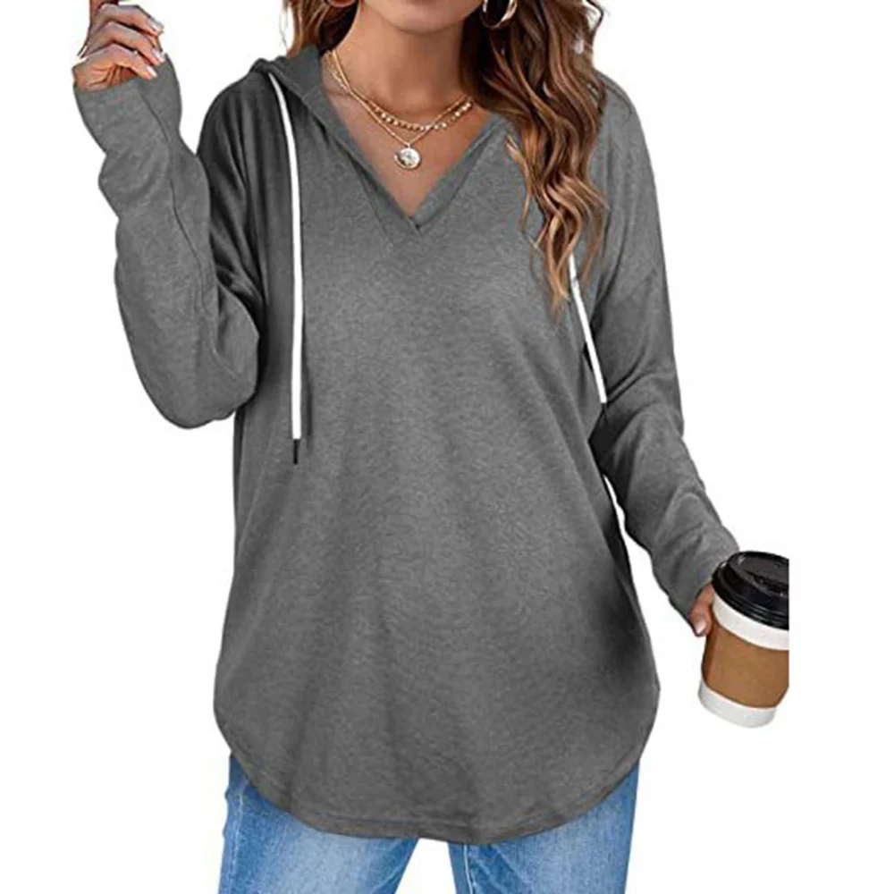 Women Long Sleeve Pullover Hoodie Fashionable Casual Pure Color V Neck Drop Shoulder Drawsting Sweatshirt Dark Grey L