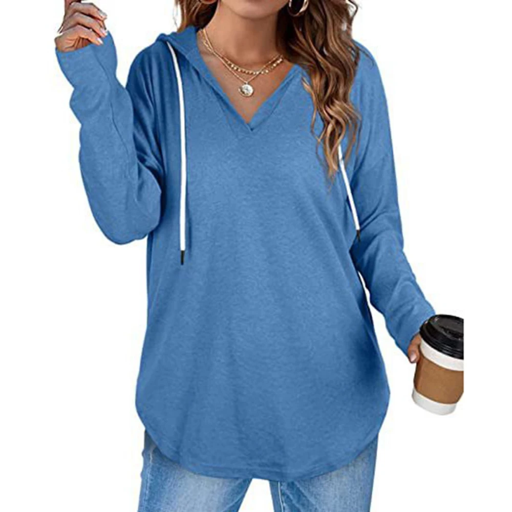 Women Long Sleeve Pullover Hoodie Fashionable Casual Pure Color V Neck Drop Shoulder Drawsting Sweatshirt Royalblue L