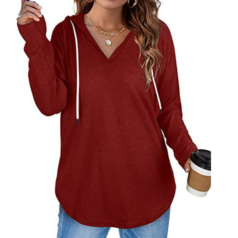 Women Long Sleeve Pullover Hoodie Fashionable Casual Pure Color V Neck Drop Shoulder Drawsting Sweatshirt Burgundy L