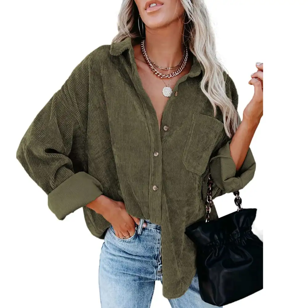 Blouse Long Sleeve Lapel Button Pure Color Pocket Casual Loose Tops for Women Work Dating (new)OD Green S