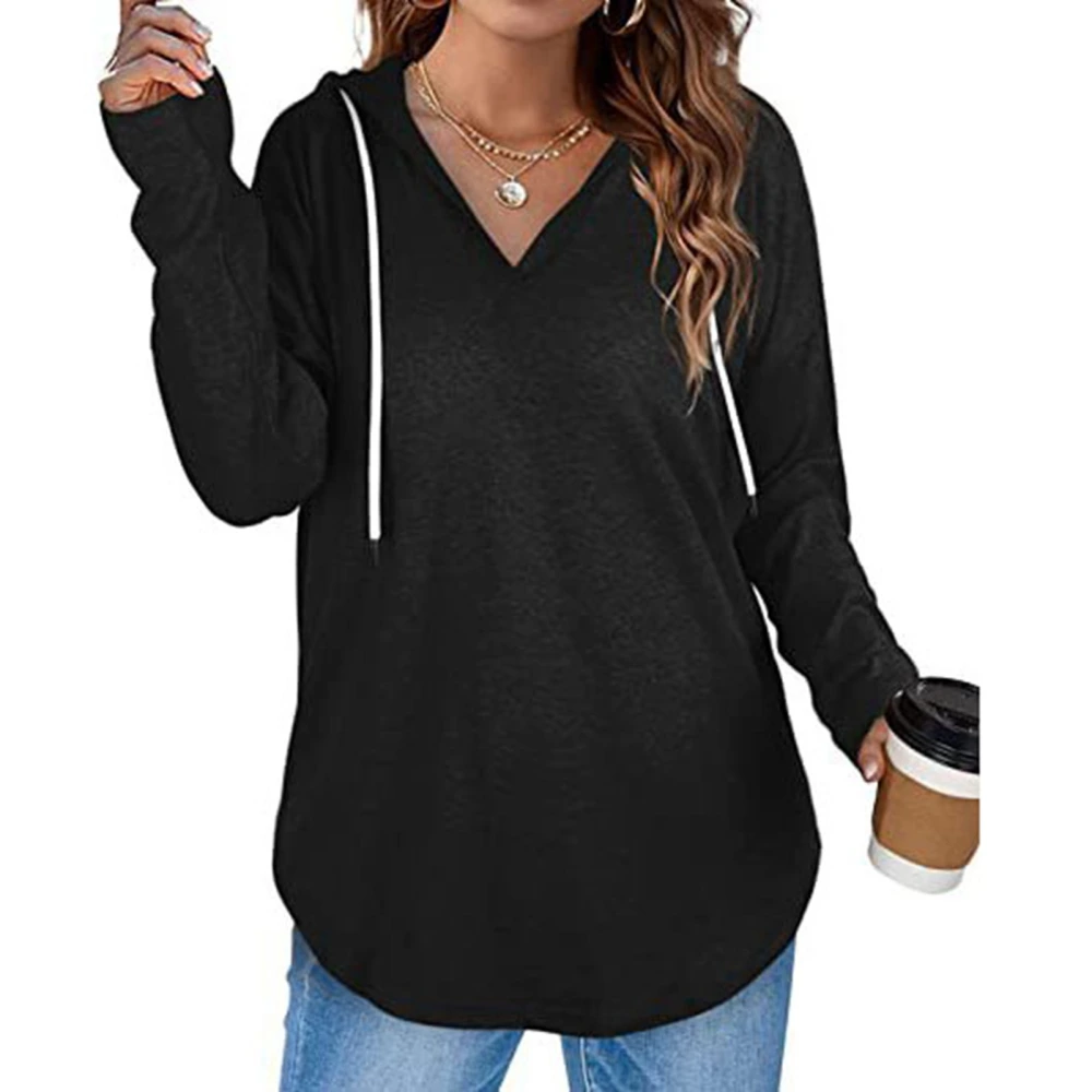 Women Long Sleeve Pullover Hoodie Fashionable Casual Pure Color V Neck Drop Shoulder Drawsting Sweatshirt Black S