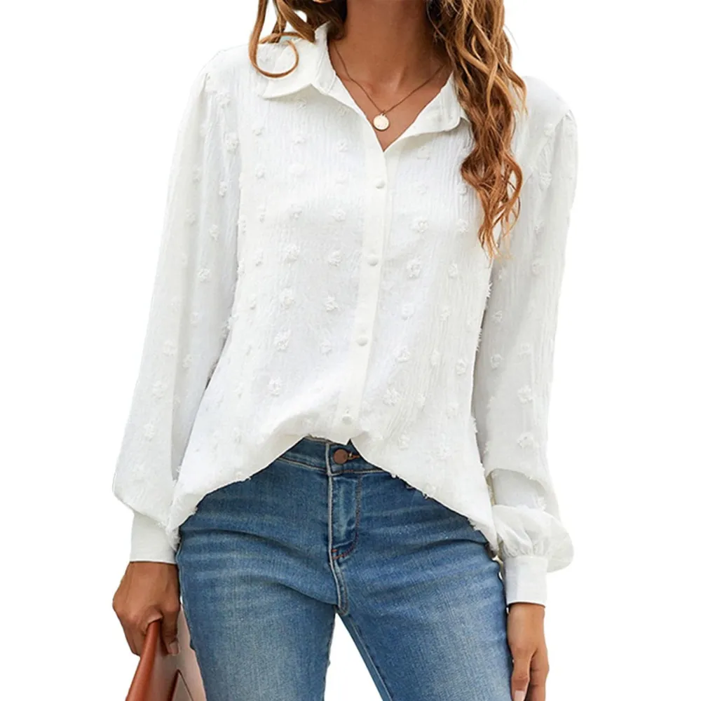 Women Long Puff Sleeve Shirt Turn Down Collar Jacquard Dots Pure Color Business Casual Blouses White L