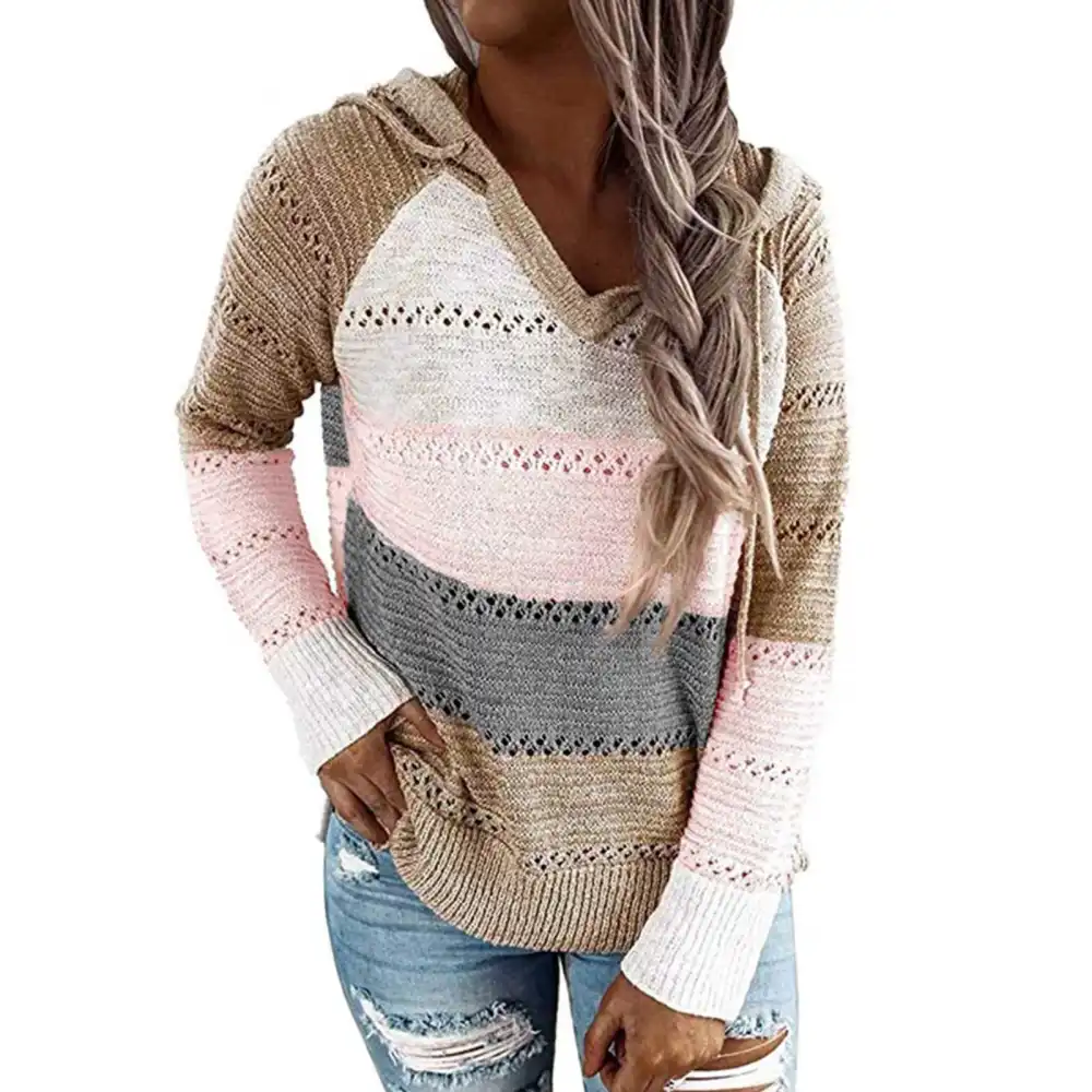 Color Block Knit Hooded Sweater Skin Friendly Loose Polyester Fiber Long Sleeve Women Sweater for Daily Life Pink XL