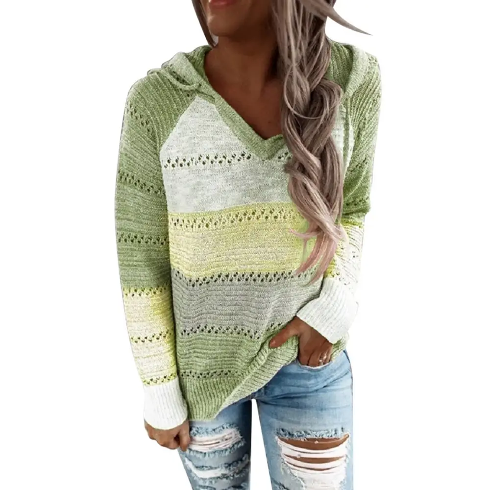 Color Block Knit Hooded Sweater Skin Friendly Loose Polyester Fiber Long Sleeve Women Sweater for Daily Life Green S