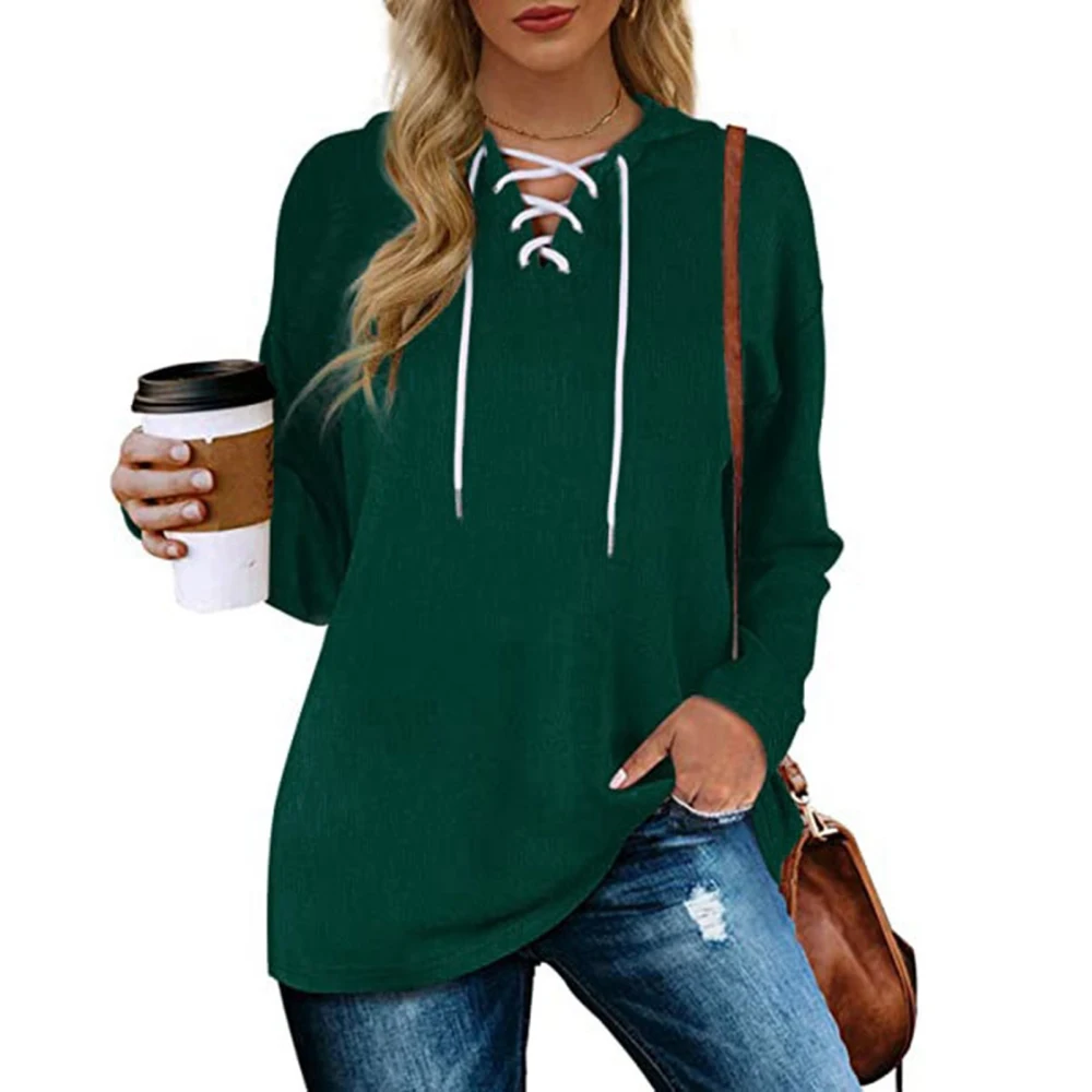 Women Pullover Hoodie V Neck Drawstring Hooded Sweatshirt Pure Color Basic Classic Casual Pullover Long Sleeve Top Green S