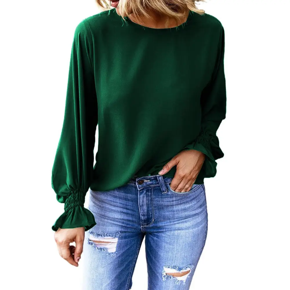 Women Puff Long Sleeve Top with Ruffles Round Neck Pullover Shirt for Spring and Autumn Green M