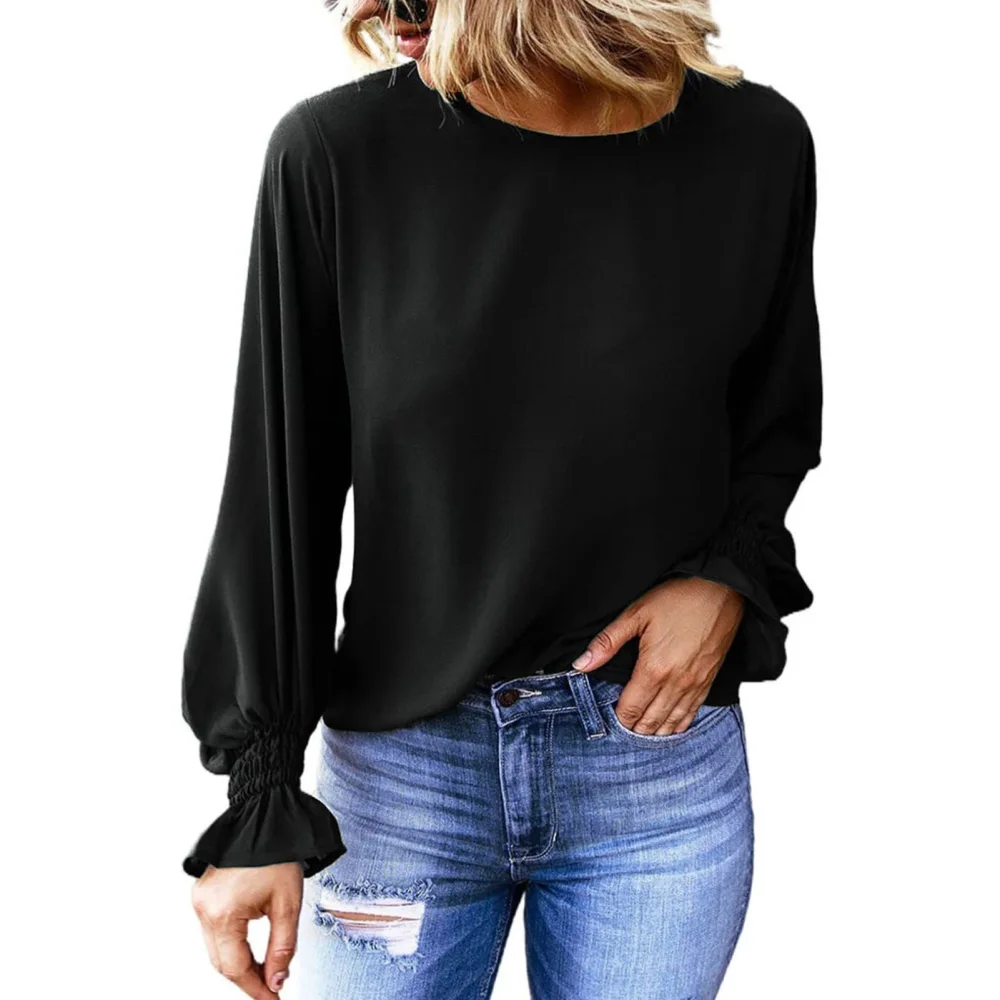 Women Puff Long Sleeve Top with Ruffles Round Neck Pullover Shirt for Spring and Autumn Black XL