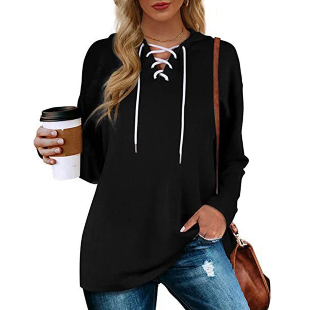 Women Pullover Hoodie V Neck Drawstring Hooded Sweatshirt Pure Color Basic Classic Casual Pullover Long Sleeve Top Black S