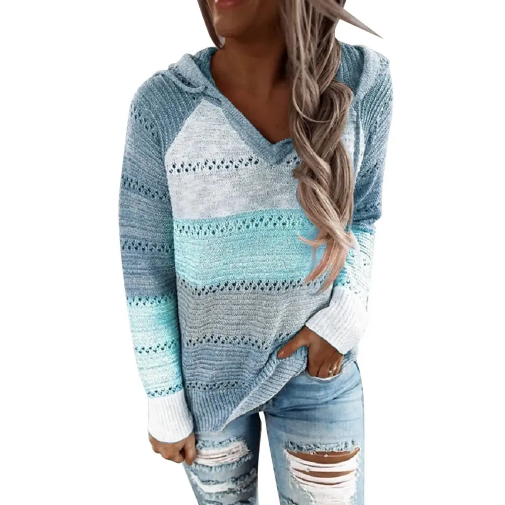 Color Block Knit Hooded Sweater Skin Friendly Loose Polyester Fiber Long Sleeve Women Sweater for Daily Life Blue S