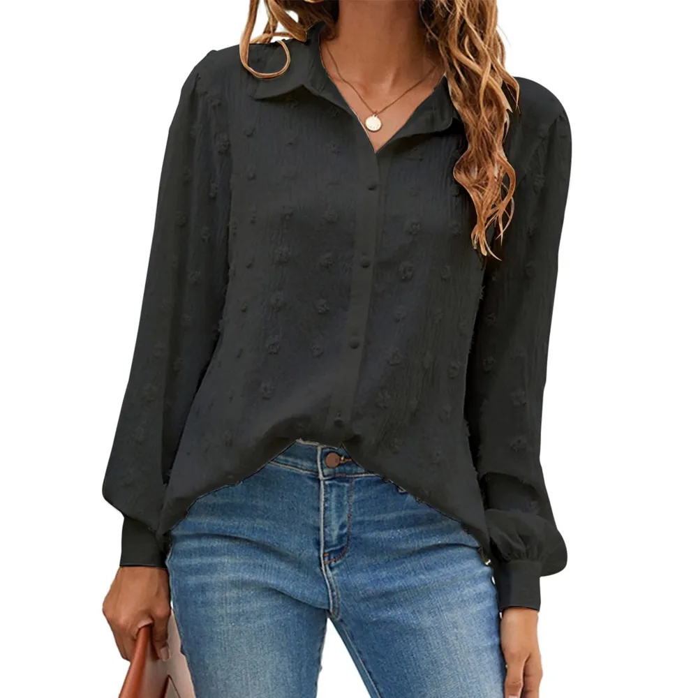 Women Long Puff Sleeve Shirt Turn Down Collar Jacquard Dots Pure Color Business Casual Blouses Black XL