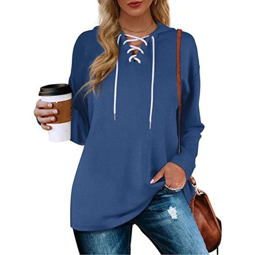 Women Pullover Hoodie V Neck Drawstring Hooded Sweatshirt Pure Color Basic Classic Casual Pullover Long Sleeve Top Blue M