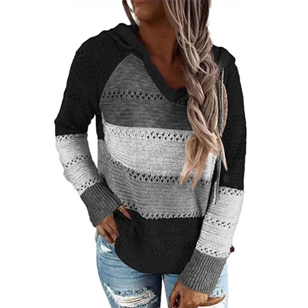 Color Block Knit Hooded Sweater Skin Friendly Loose Polyester Fiber Long Sleeve Women Sweater for Daily Life Black M