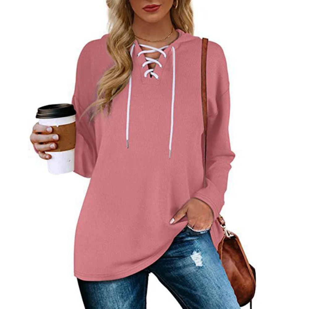 Women Pullover Hoodie V Neck Drawstring Hooded Sweatshirt Pure Color Basic Classic Casual Pullover Long Sleeve Top Pink XL