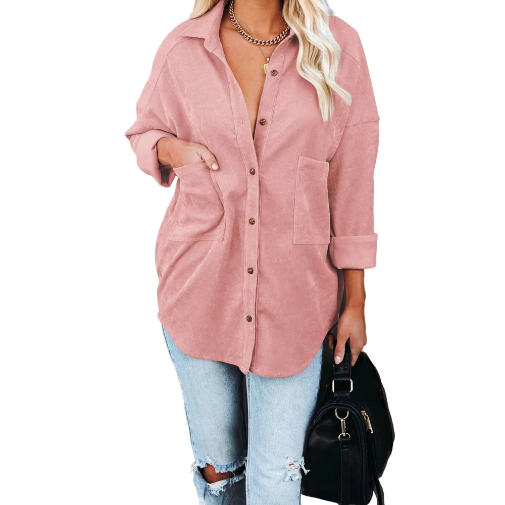 Women Button Down Jackets Corduroy Long Sleeve Shirt Pure Color Drop Shoulder Corduroy Jackets with Pockets Pink L