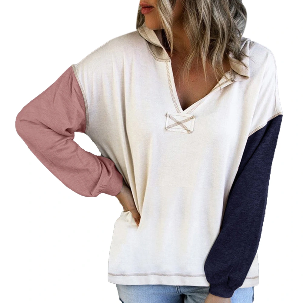 Women V Neck Hoodie Pullover Tops Stylish Casual Drop Shoulder Long Color Block Sleeve Sweatshirt Pink L