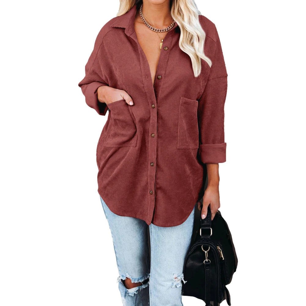 Women Button Down Jackets Corduroy Long Sleeve Shirt Pure Color Drop Shoulder Corduroy Jackets with Pockets Wine Red XL