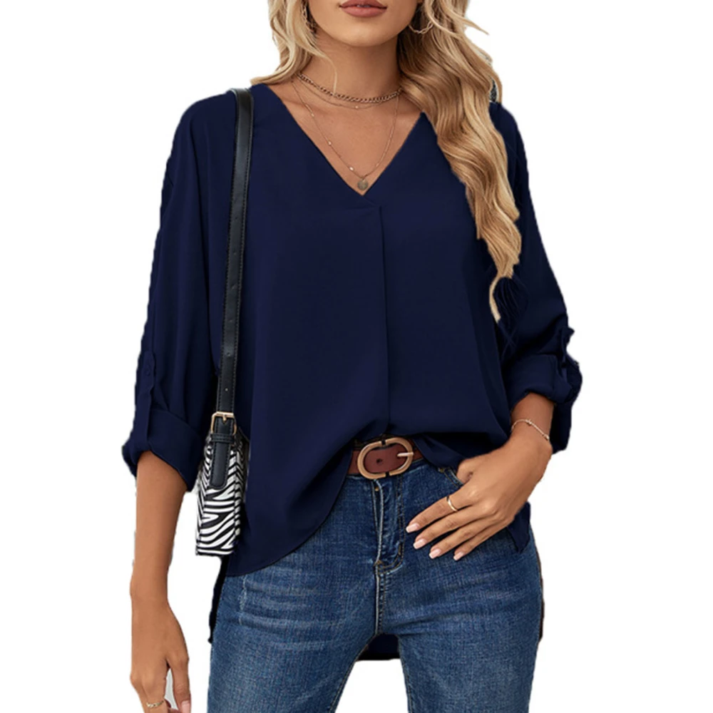 Blouse Long Sleeve V Neck Pure Color Ruffle Rolled Cuffs Fashionable Casual Tops for Women Dark Blue XL