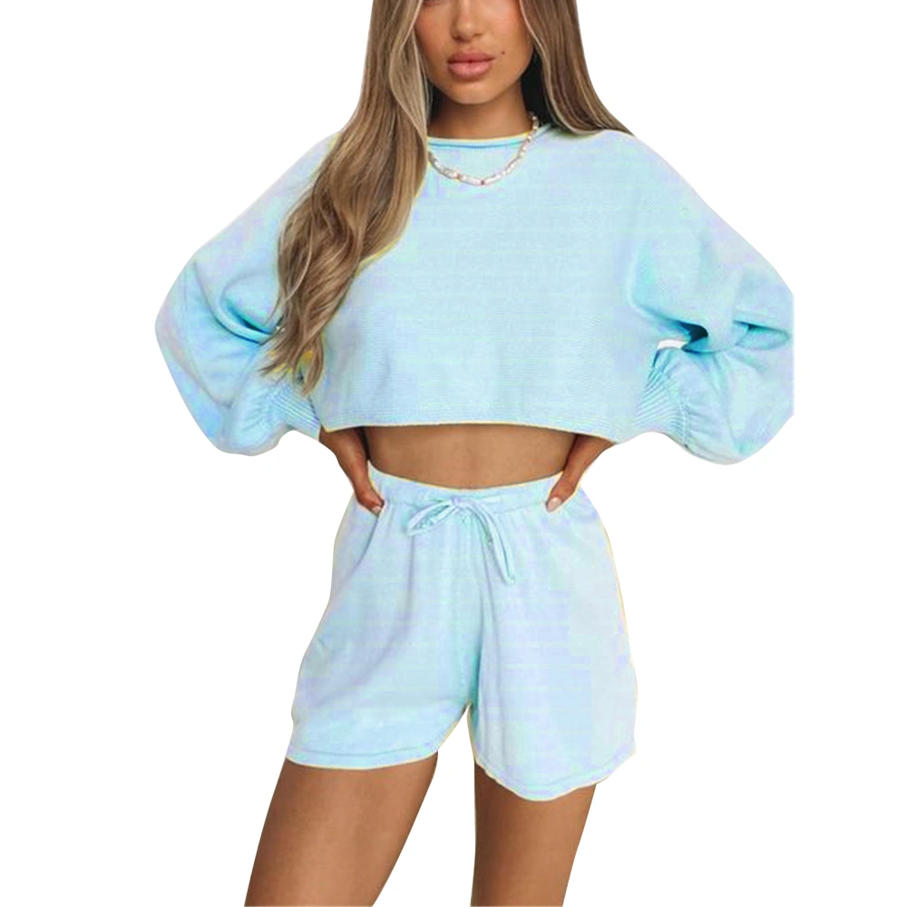 Sweater Suits Long Puff Sleeve Round Neck Pure Color ComfortableTwo Piece Tops for Women Blue XXL