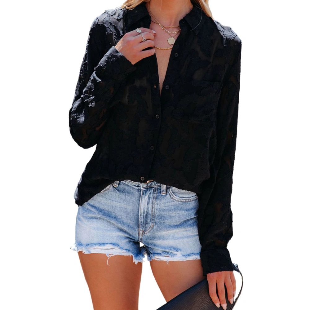 Women Blouse Lace Turn Down Collar Long Sleeve Exquisite Loose Top with Single Breasted Button for Office Black L