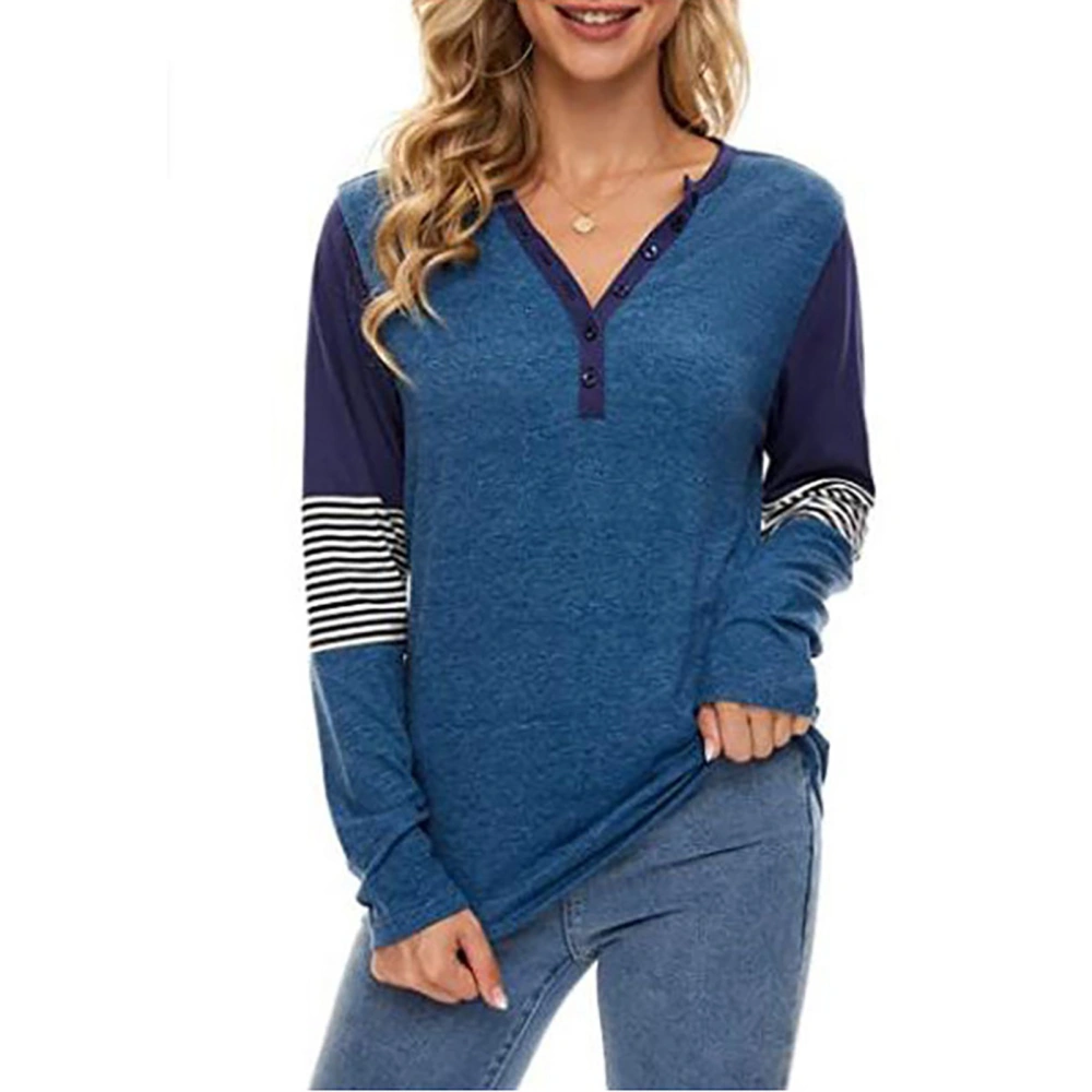 Women Top Long Sleeve V Neck Casual Patchwork Buttons Strips Fall Winter Women Blouse Blue XL