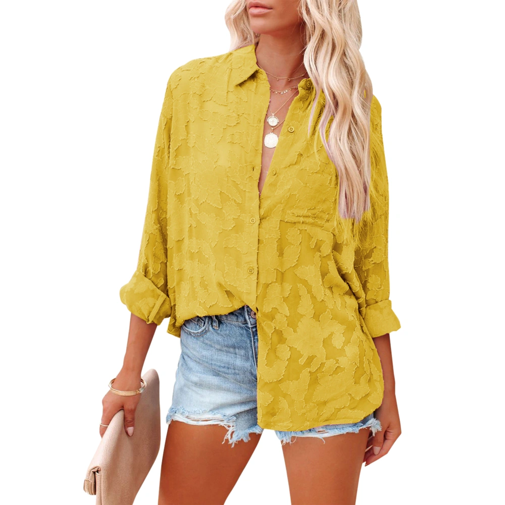 Women Blouse Lace Turn Down Collar Long Sleeve Exquisite Loose Top with Single Breasted Button for Office Yellow S