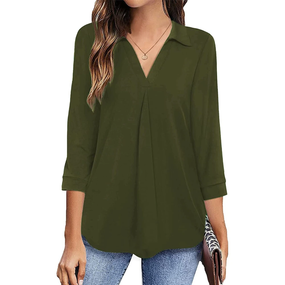 Women V Neck Shirt Fashionable Casual Loose Pure Color Pleated Curved Hem Blouse for Daily Life Work OD Green XL