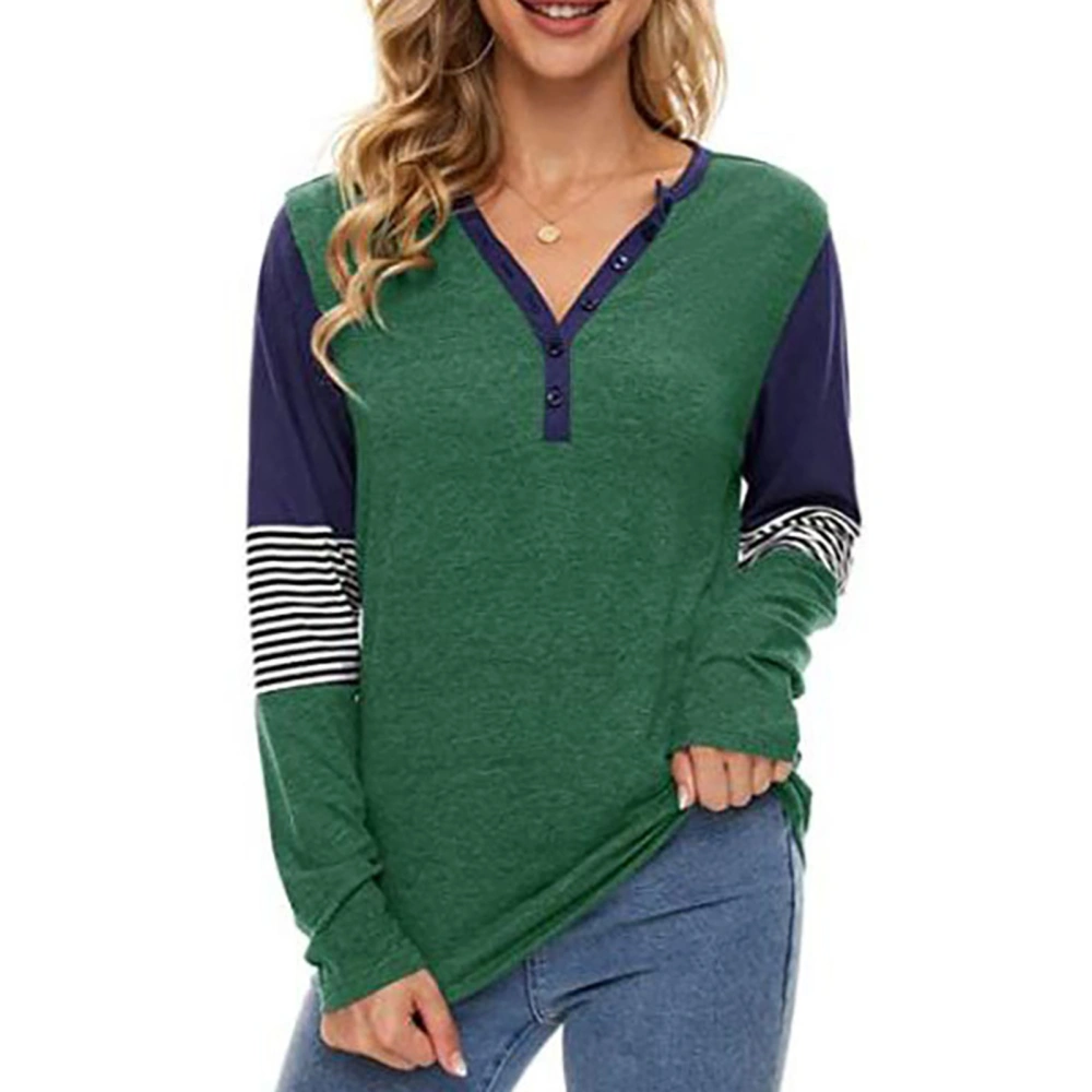 Women Top Long Sleeve V Neck Casual Patchwork Buttons Strips Fall Winter Women Blouse Green XL