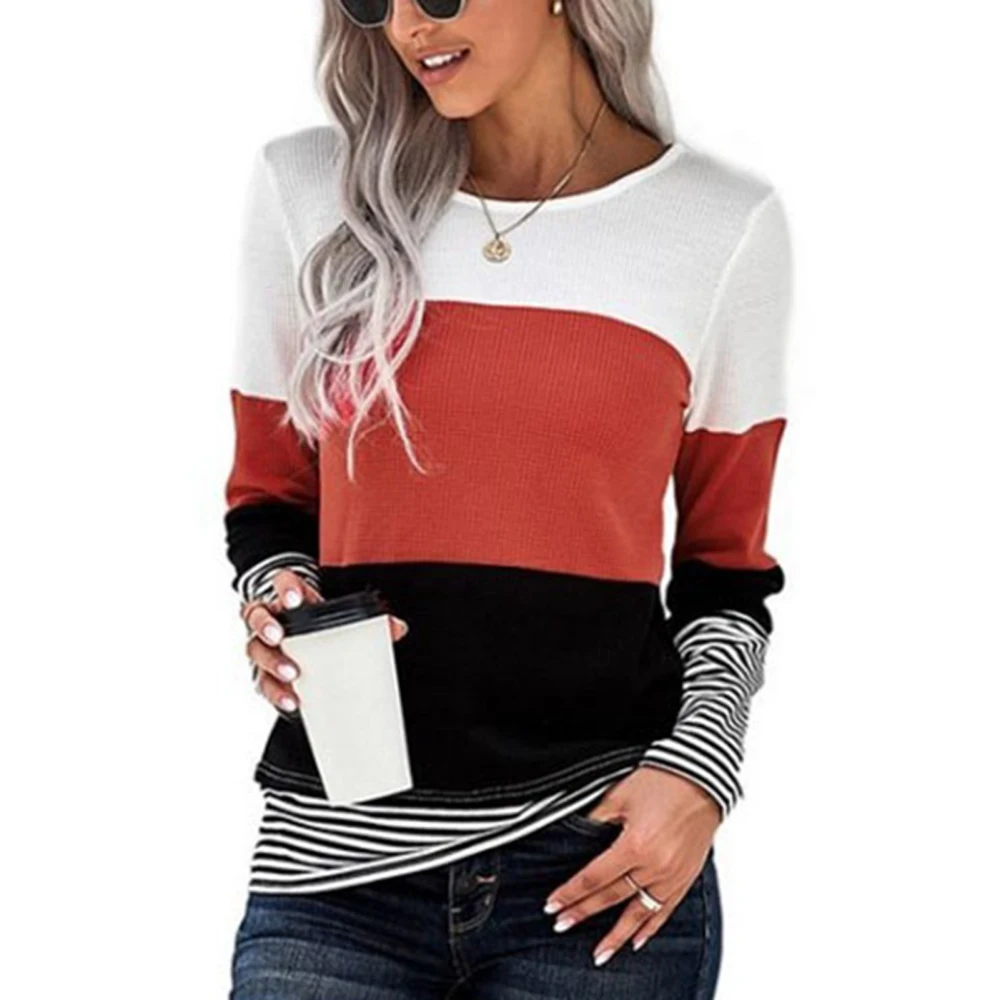 Blouse Round Neck Pullover Long Sleeve Waffle Color Blocking Casual Tops for Women Tangerine S