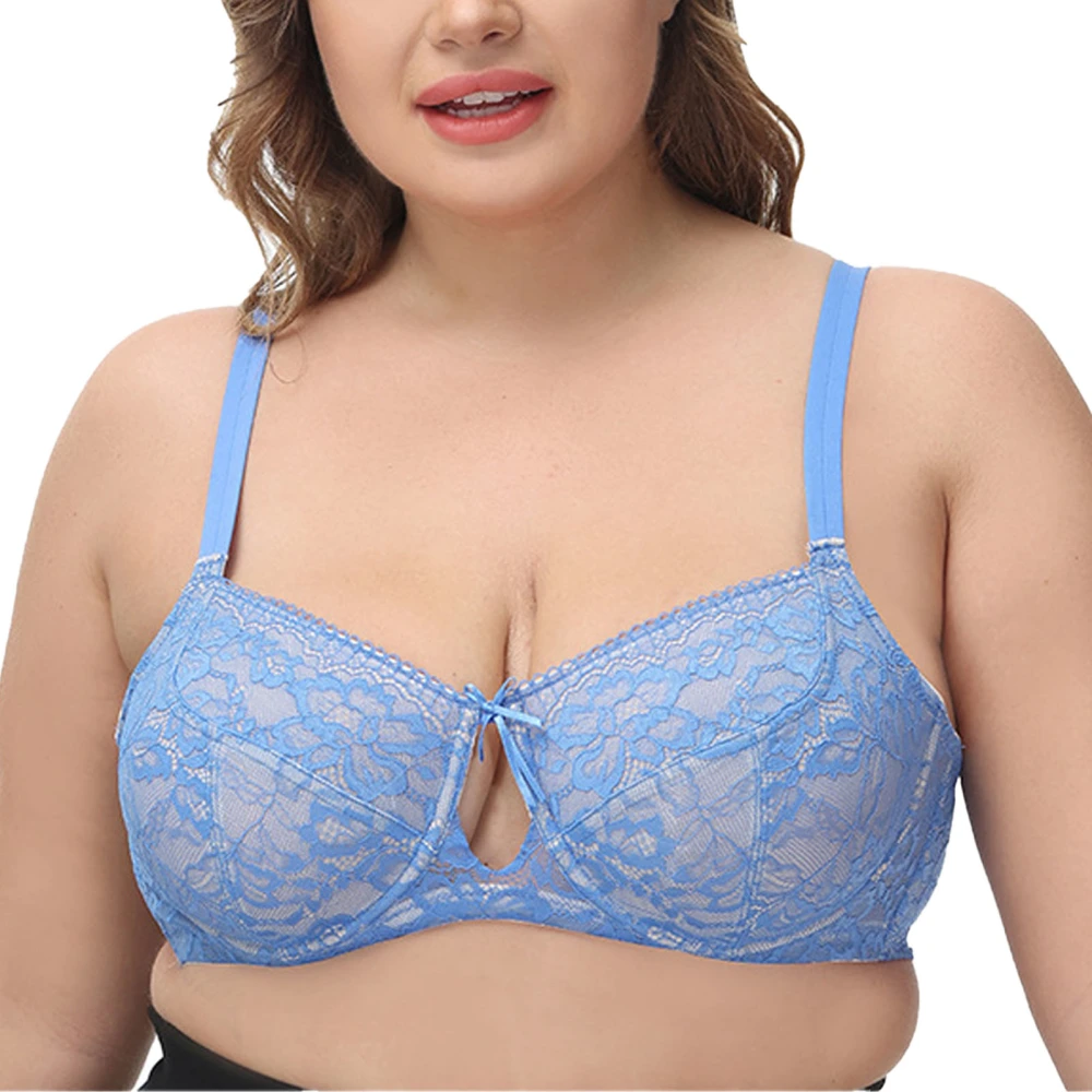 Women Bra Lace Hollow Ultra Thin Abrasive Free Adjustable Straps Breathable Underwire Women Bra Blue 42E