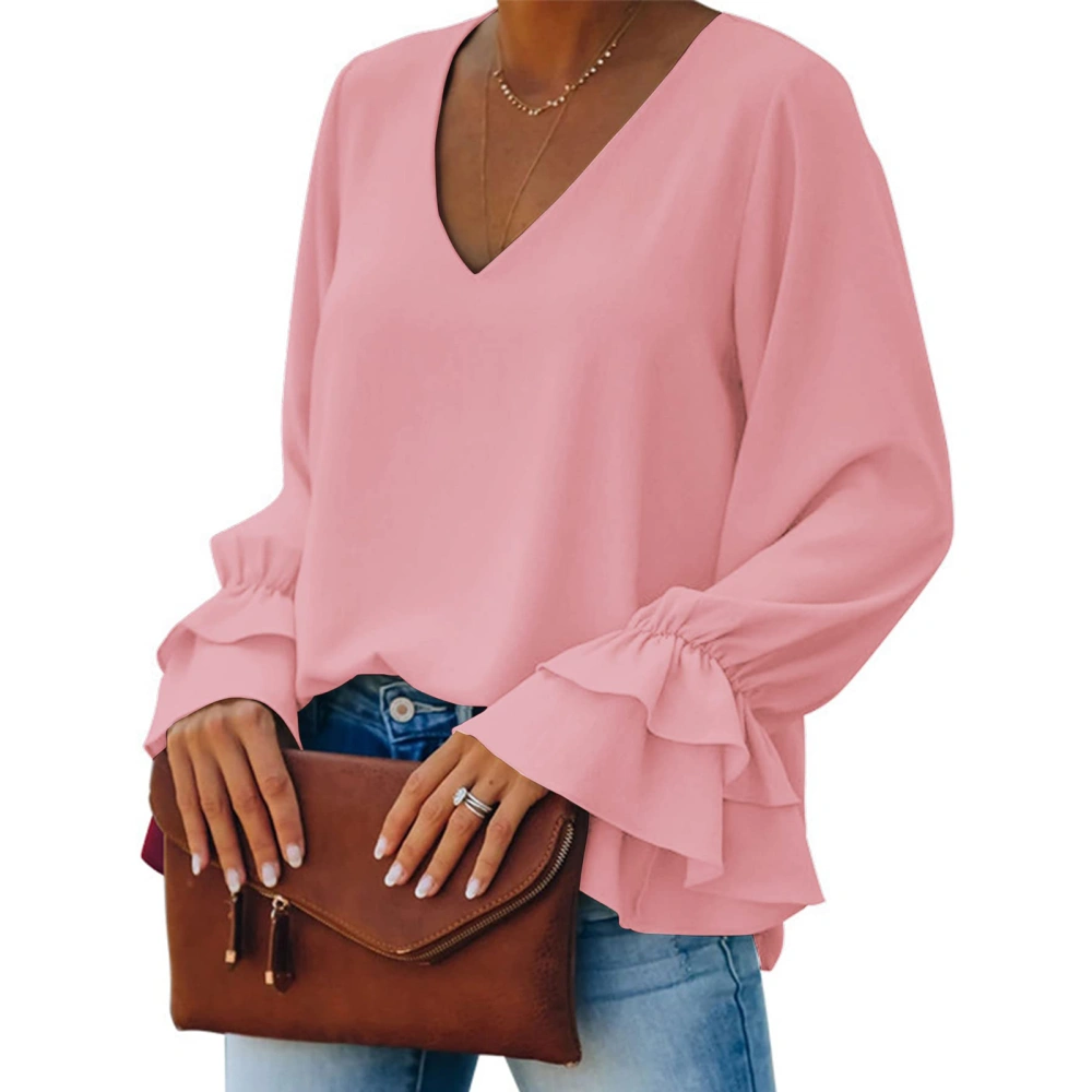 Women Casual V Neck Blouse Loose Elegant Tiered Ruffle Long Sleeve Shirt Tops for Work Dating Party Light Pink XL