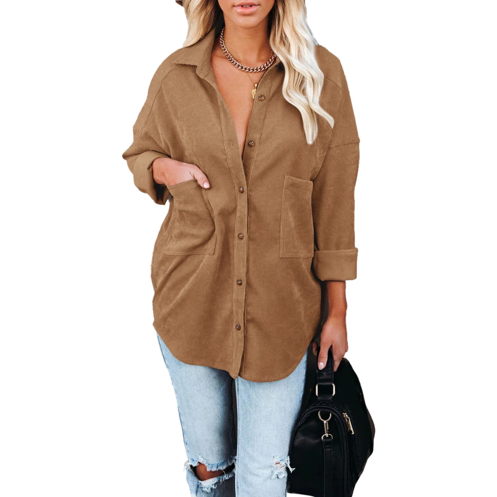 Women Button Down Jackets Corduroy Long Sleeve Shirt Pure Color Drop Shoulder Corduroy Jackets with Pockets Light Tan S