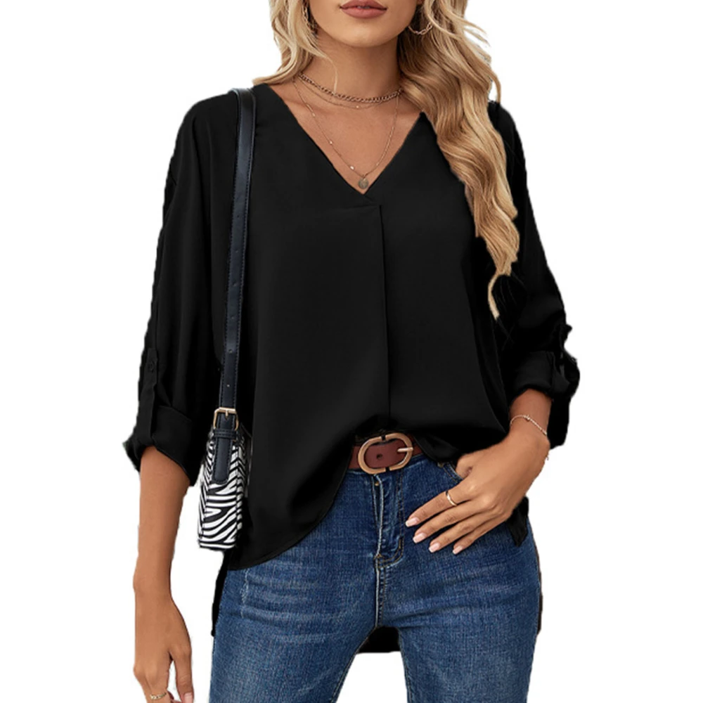 Blouse Long Sleeve V Neck Pure Color Ruffle Rolled Cuffs Fashionable Casual Tops for Women Black L