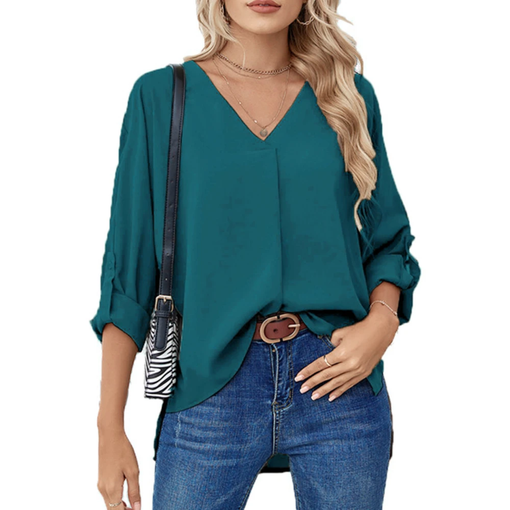 Blouse Long Sleeve V Neck Pure Color Ruffle Rolled Cuffs Fashionable Casual Tops for Women Green XXL