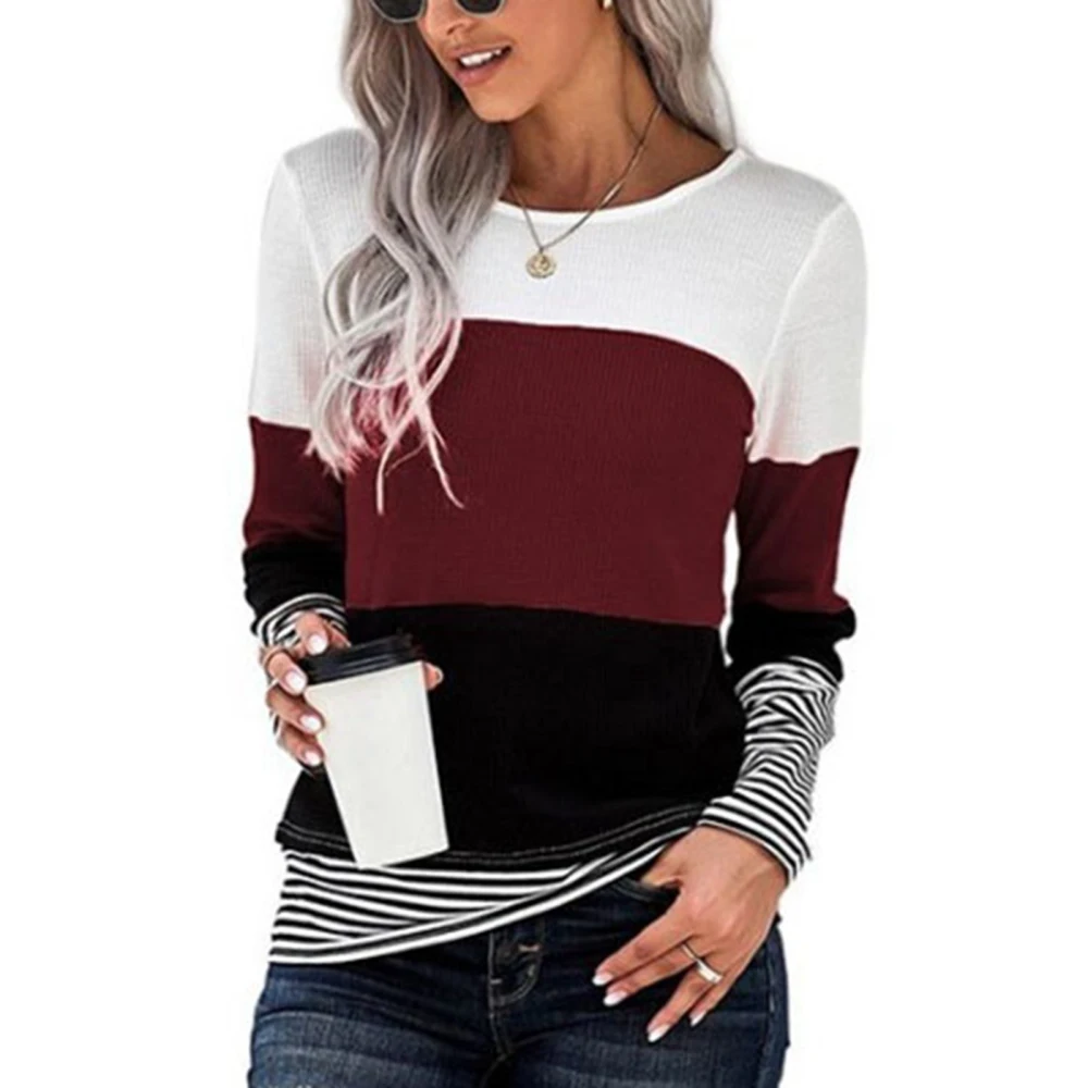 Blouse Round Neck Pullover Long Sleeve Waffle Color Blocking Casual Tops for Women Wine Red M