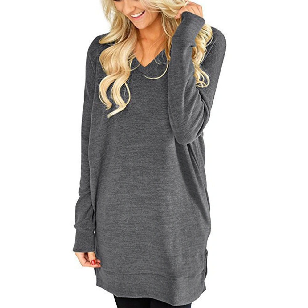 Long Blouse V Neck Long Sleeve Pure Color Pocket Side Slit Casual Tops for Women Dark Gray S