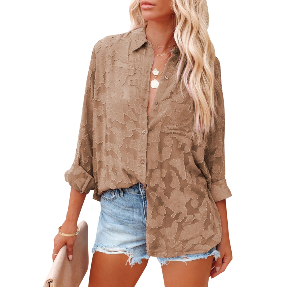 Women Blouse Lace Turn Down Collar Long Sleeve Exquisite Loose Top with Single Breasted Button for Office Brown M