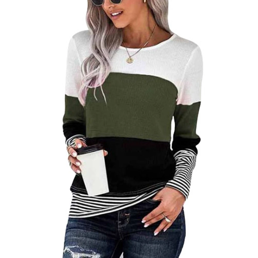 Blouse Round Neck Pullover Long Sleeve Waffle Color Blocking Casual Tops for Women Green L