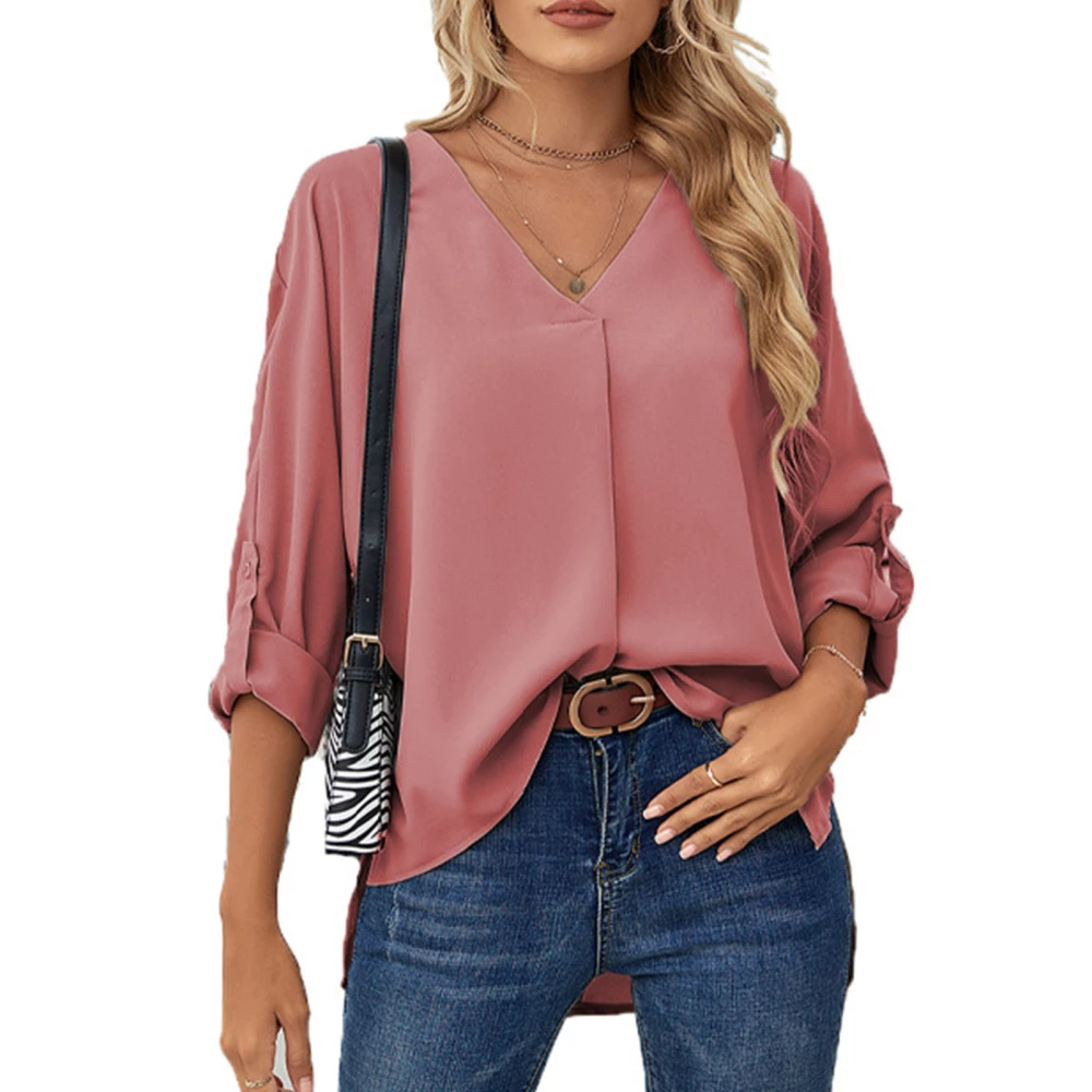 Blouse Long Sleeve V Neck Pure Color Ruffle Rolled Cuffs Fashionable Casual Tops for Women Pink S