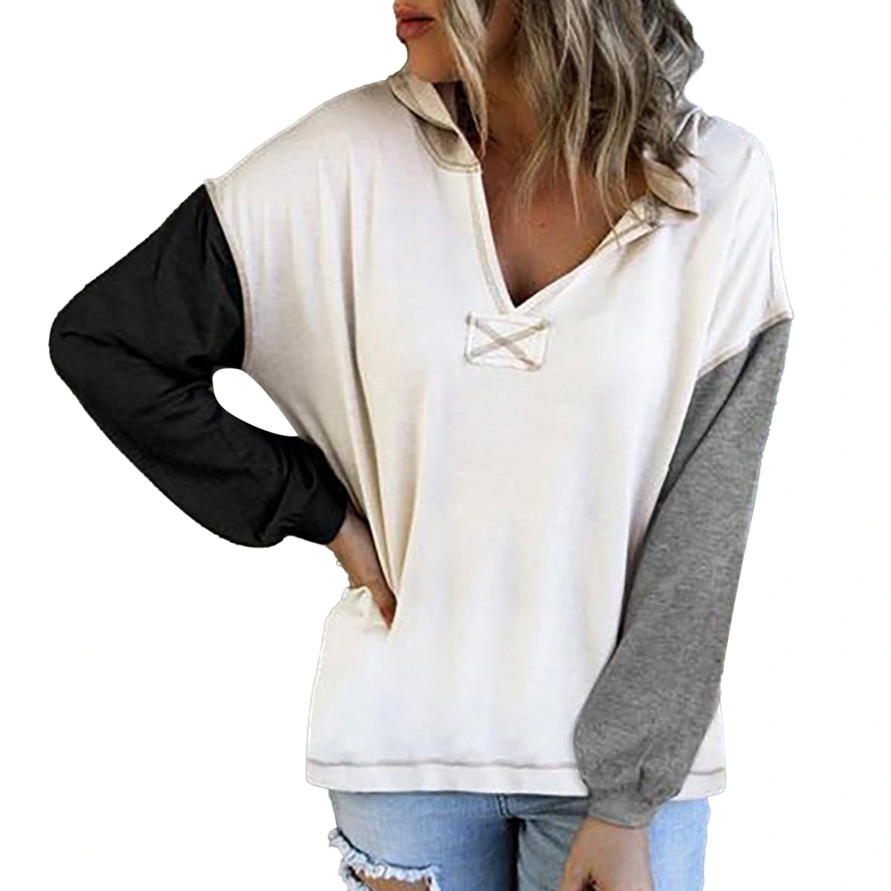 Women V Neck Hoodie Pullover Tops Stylish Casual Drop Shoulder Long Color Block Sleeve Sweatshirt Black XL