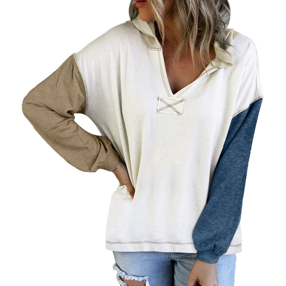 Women V Neck Hoodie Pullover Tops Stylish Casual Drop Shoulder Long Color Block Sleeve Sweatshirt Blue XL